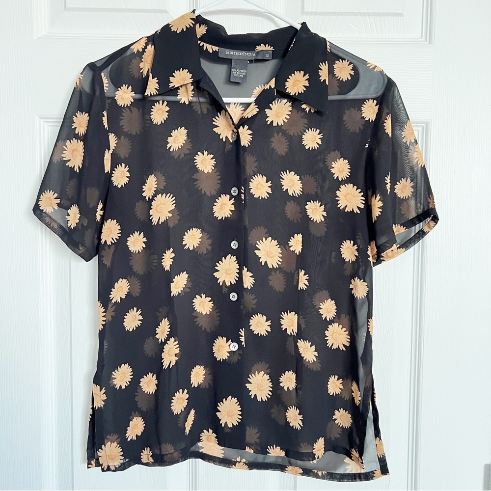 British India | Button Down Black Floral Sheer Top